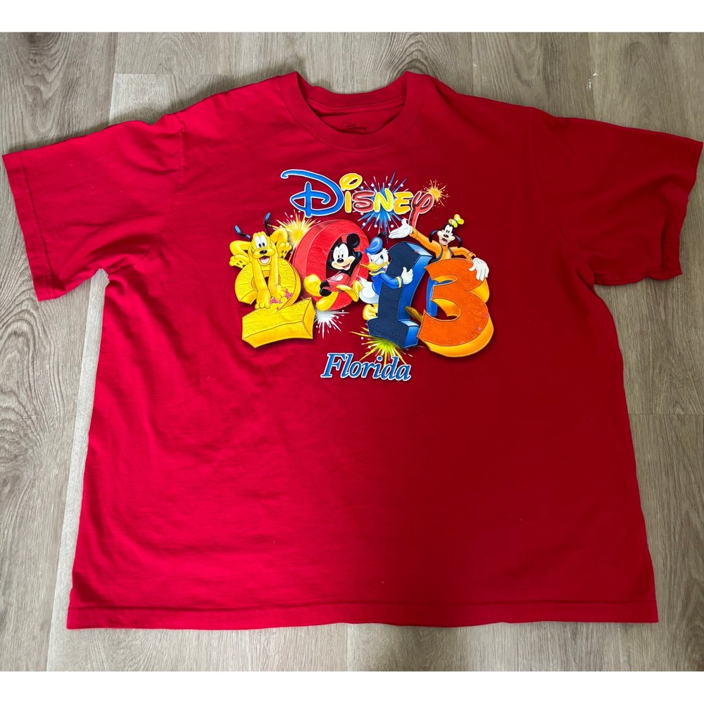 Disney Florida 2013 Mickey Mouse Donald Goofy Pluto Red Graphic T-Shirt Mens 2X